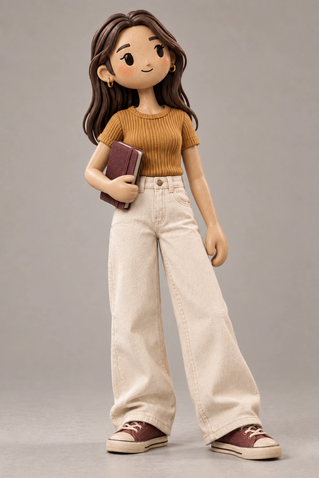 Andrea’s Foundry character in an ochre knit and off-white jeans, holding a journal